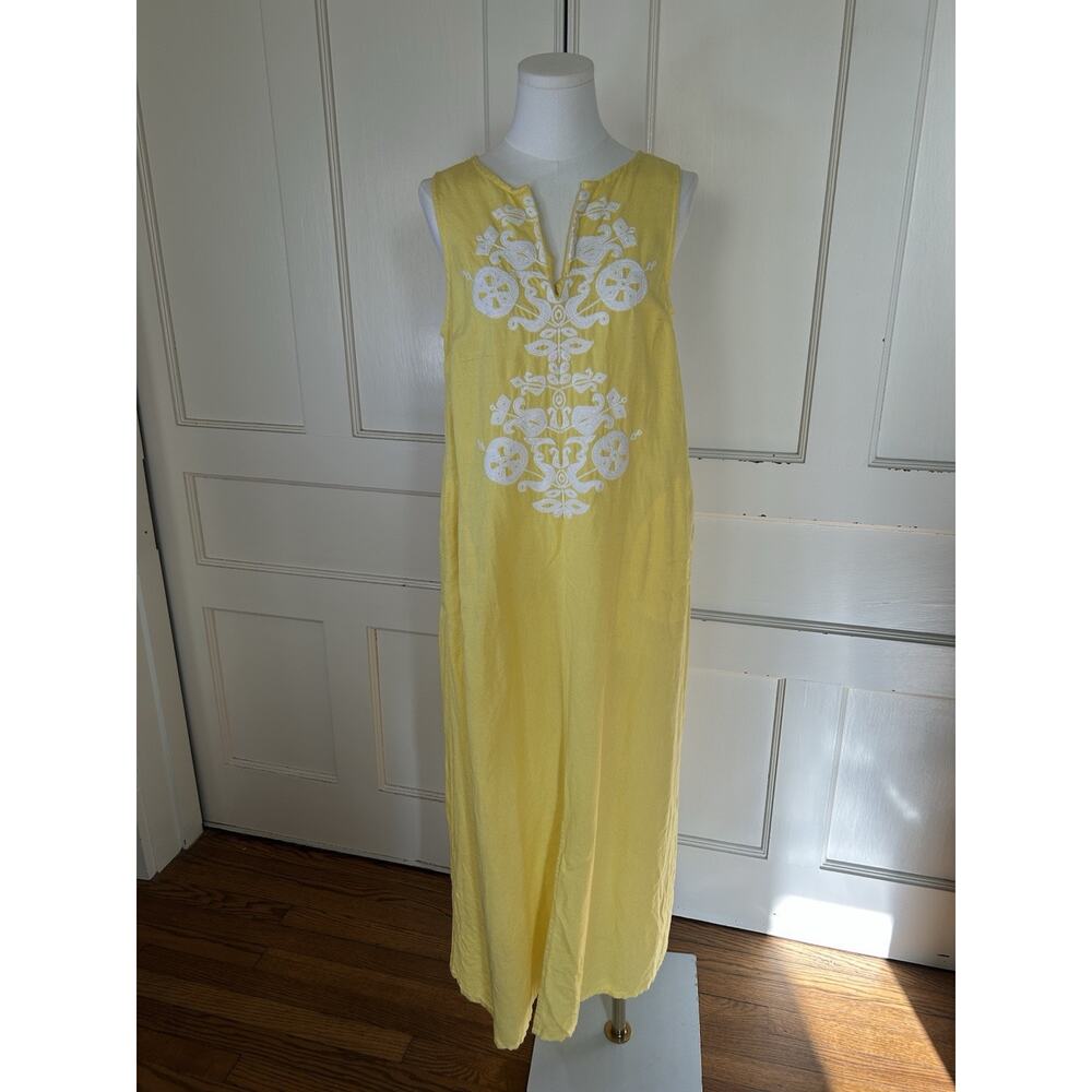 Soft Surroundings Linen Blend Embroidered Boho Midi Dress Womens Size Small